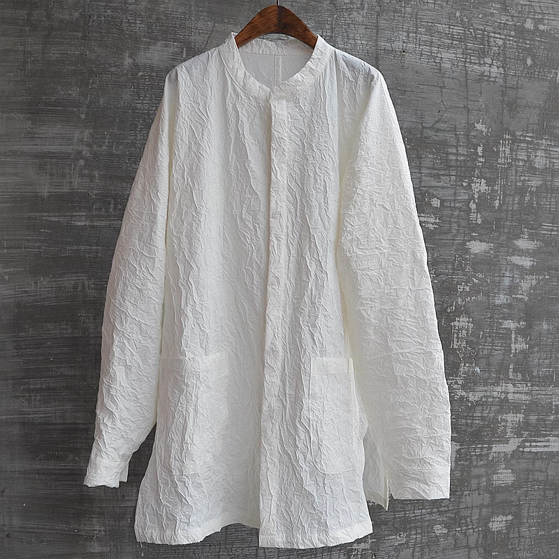 Men's White Cotton And Linen Stand Collar Mid-Length Shirt
