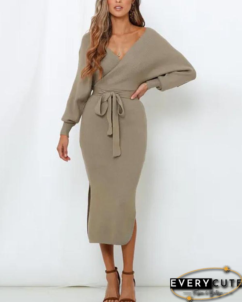 Knitting V Neck Split Sweater Dress