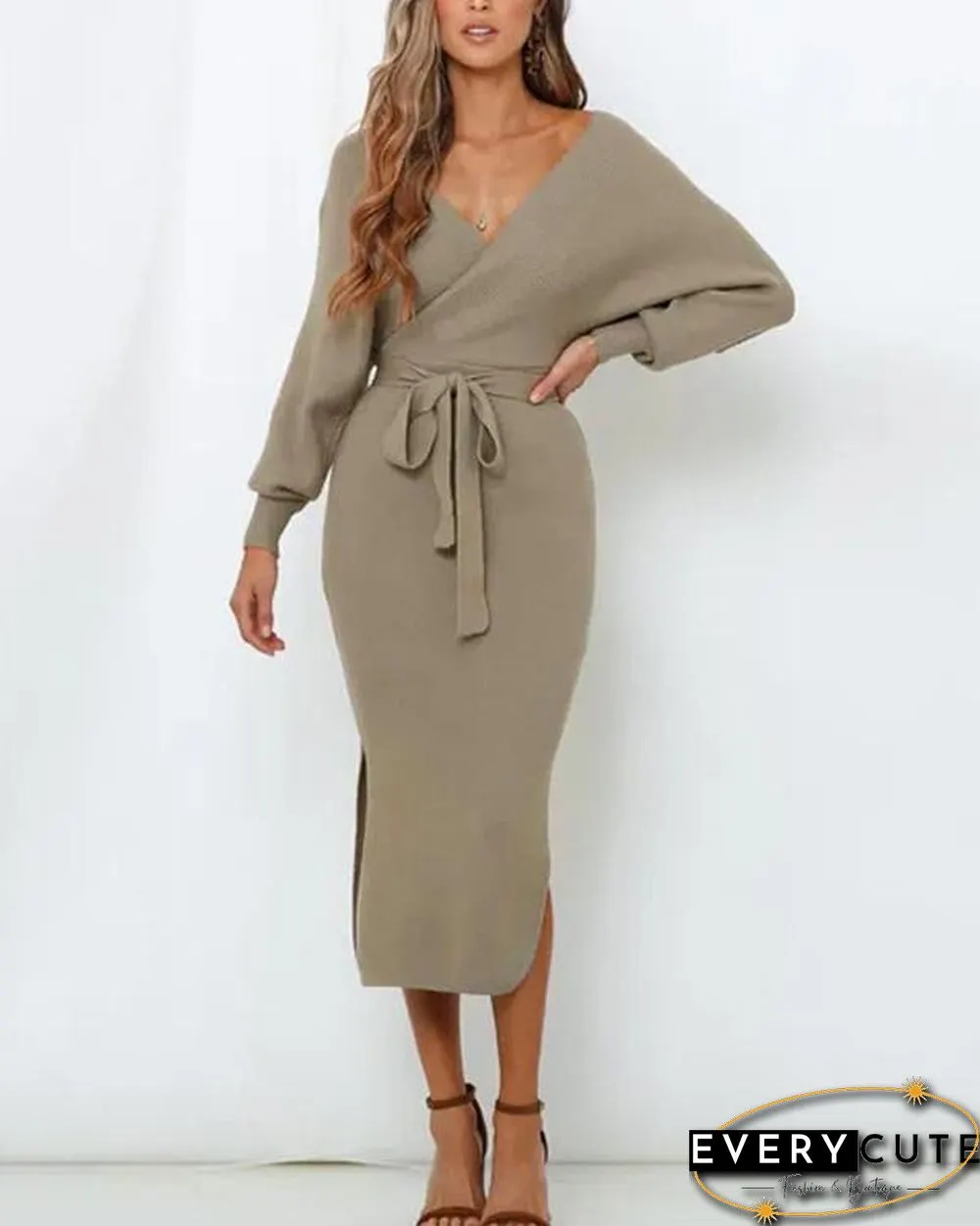 Knitting V Neck Split Sweater Dress