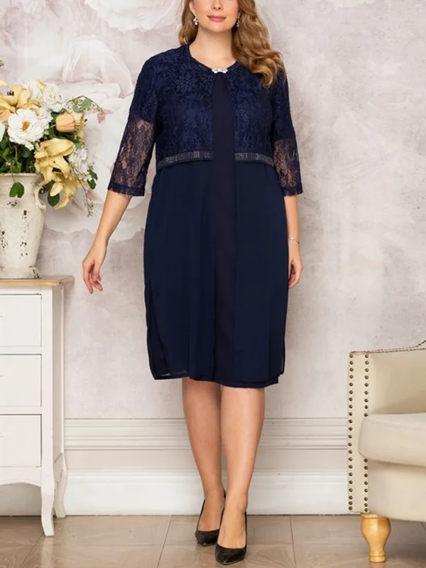 Round neck solid color mid-sleeve lace dress