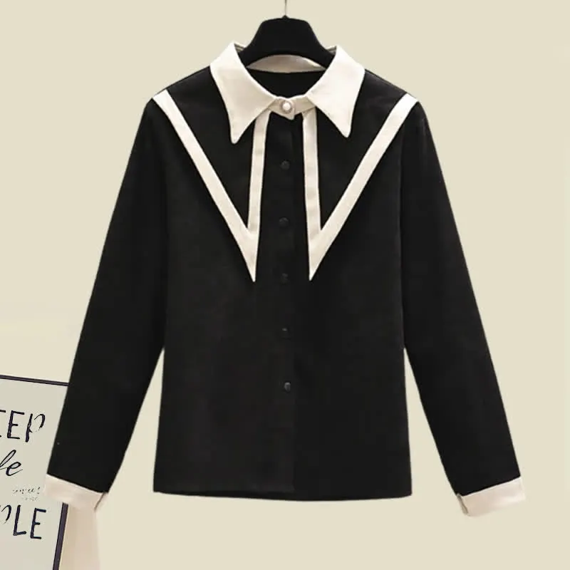 Lapel Shirt Pleated Skirt Two Piece Set