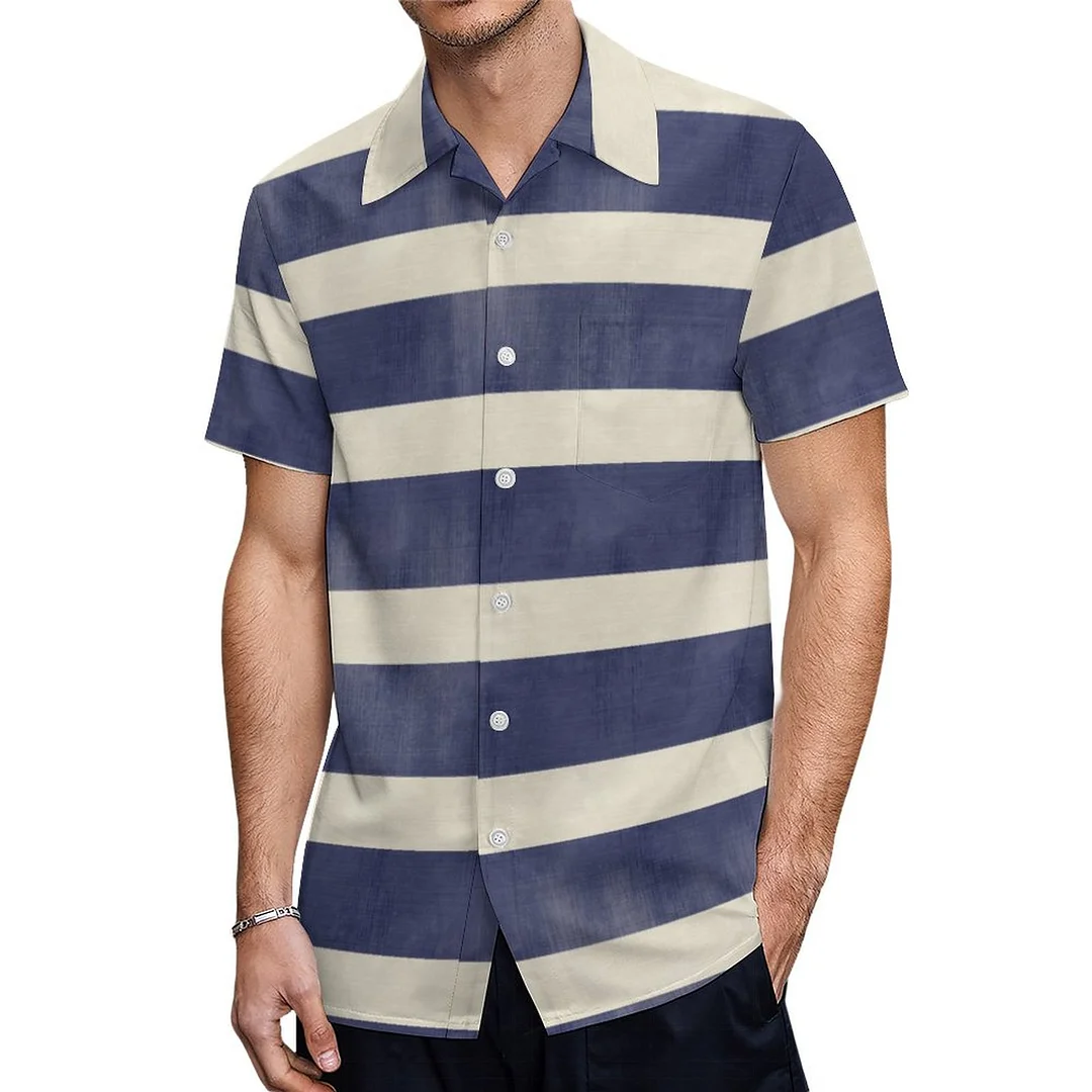 Distressed Navy Blue Wide Stripes Hawaiian Shirt Mens Button Down Plus Size Tropical Hawaii Beach Shirts