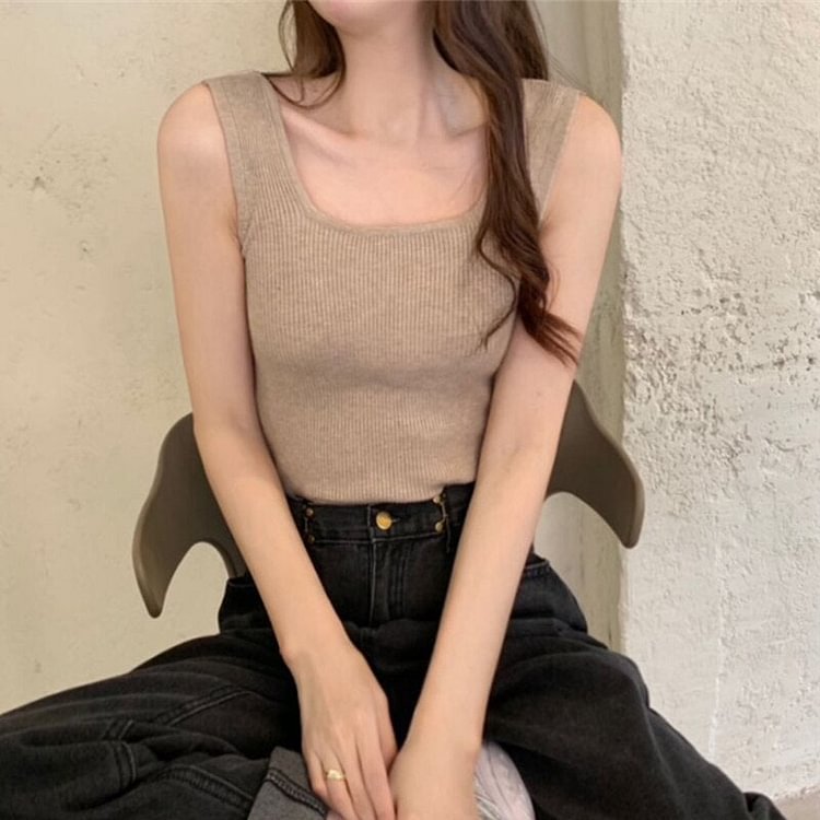 Christmas Gift Sexy Square Neck Tank Tops Women Summer Clothing White Basic Shirt Ribber Knit Casual Slim Tops Women - BlackFridayBuys