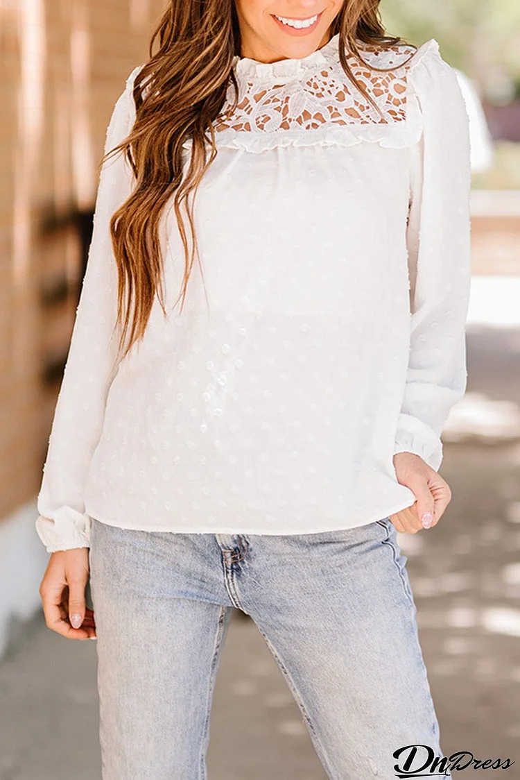 Lace Cutout Frill Trim Dotted Blouse