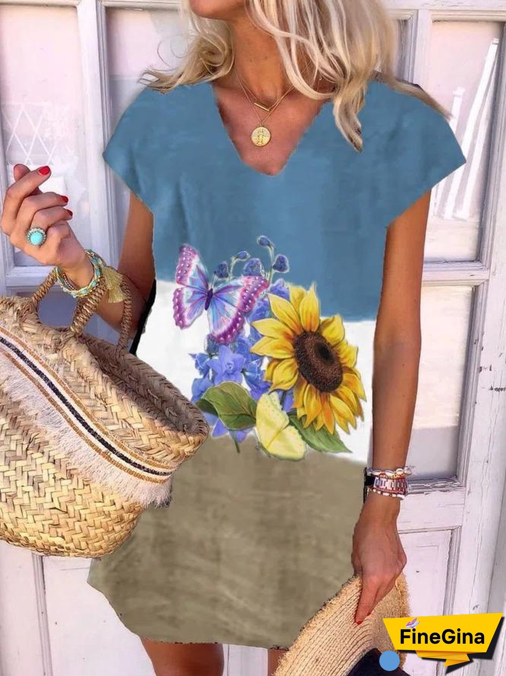 V-Neck Short Sleeve Flower Printed Casual Dress