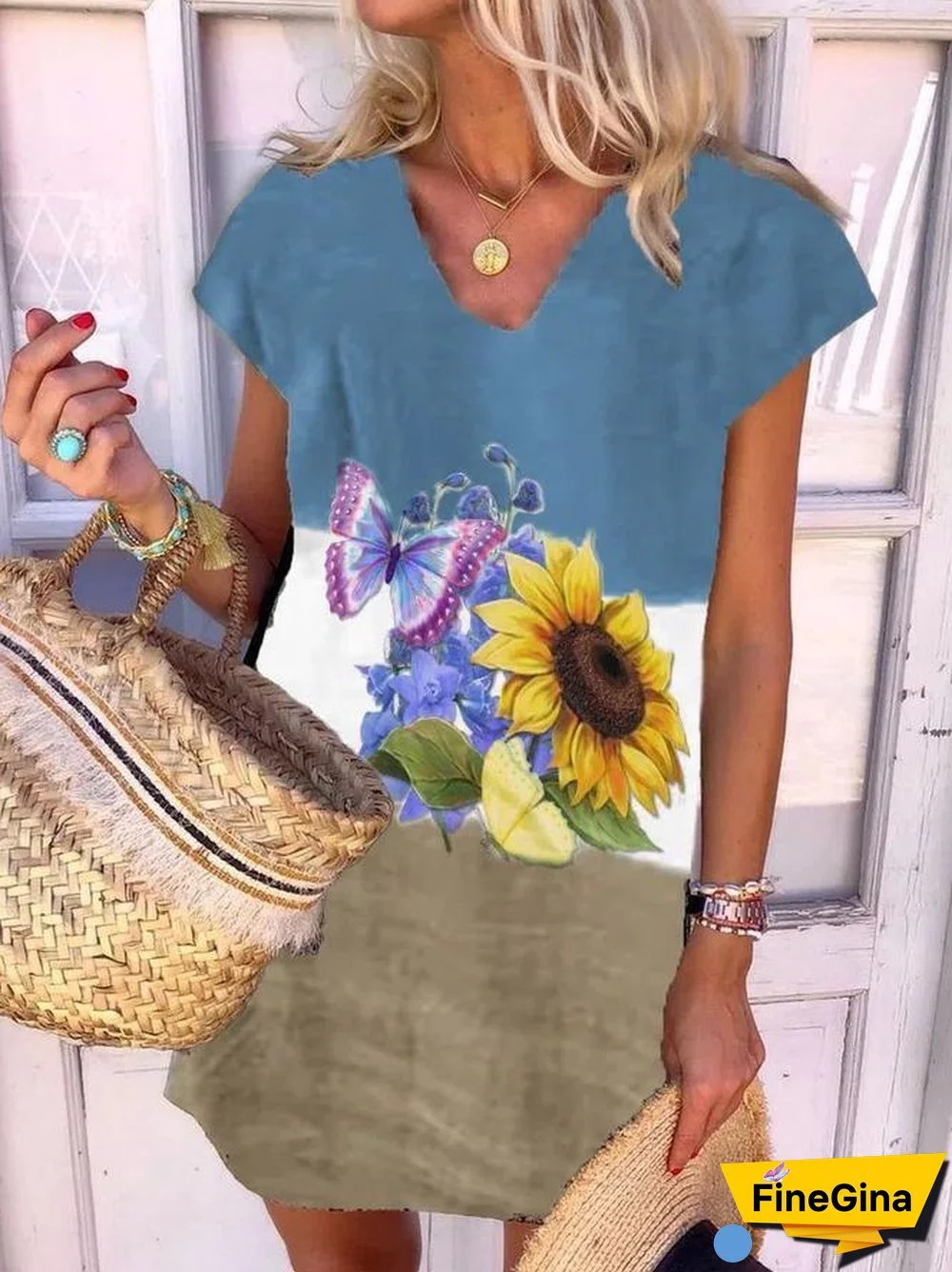 V-Neck Short Sleeve Flower Printed Casual Dress