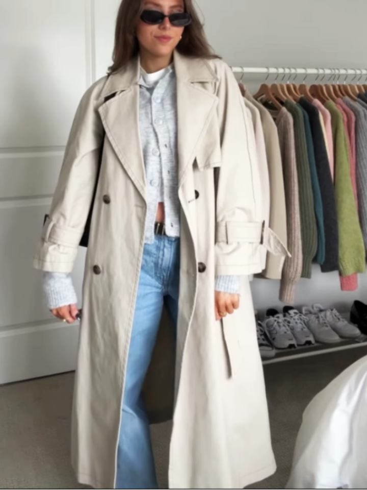 Women's Casual Solid Color Double-Breasted Long Trench Coat