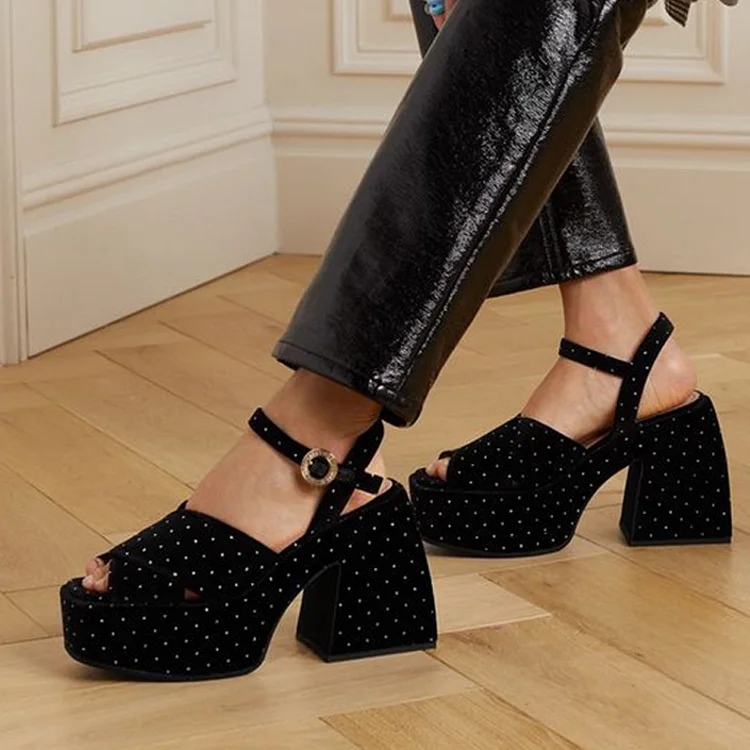 Black Peep Toe Buckle Sandal Women'S Platform Chunky Heels Office Polka Dot Shoes |FSJ Shoes