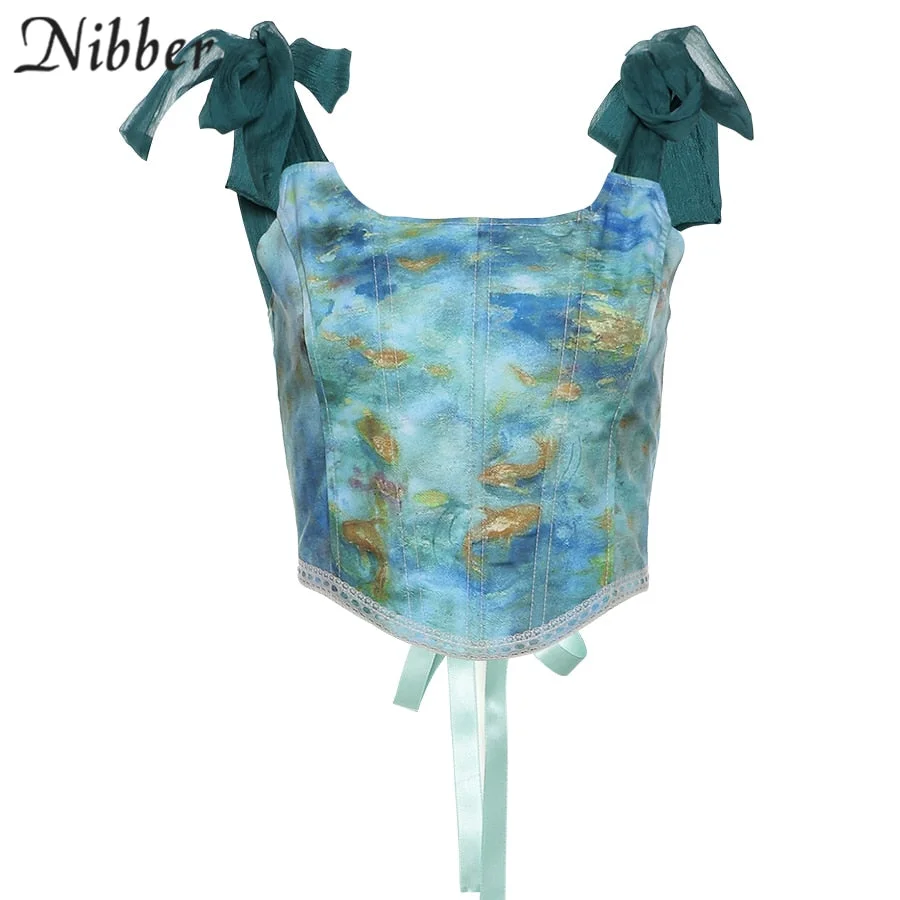 Nibber Fairy Top Y2K Vintage Aesthetic Printed Crop Top Women Elegant Bandage Tank Top Skinny Clubwear Camisole Summer Hot Deals
