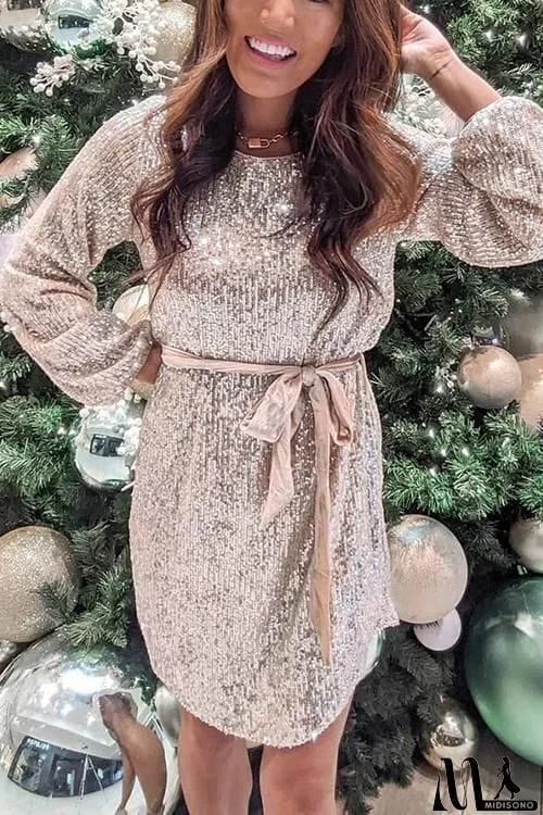 MidiSono - Sequin Belted Long Sleeve Mini Dress