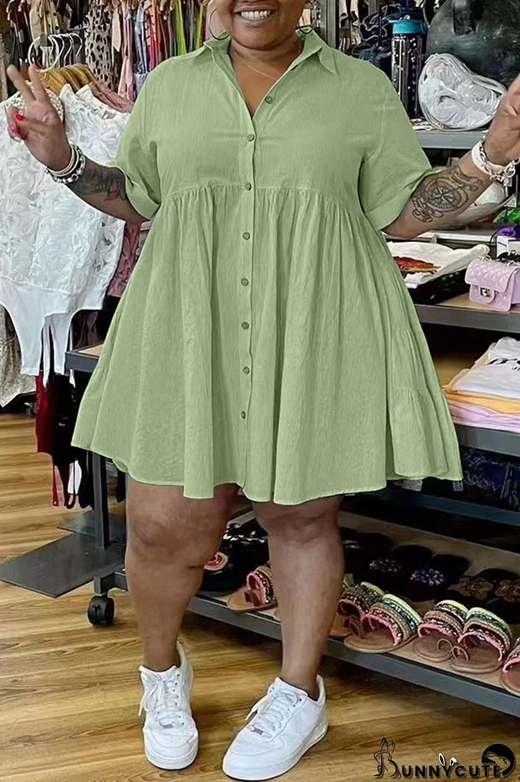 Green Fashion Casual Plus Size Solid Patchwork Turndown Collar Shirt Dress