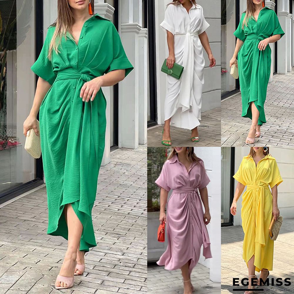 Lapel Mid Length Short Sleeve Single Breasted High Waist Shirt Dress | EGEMISS