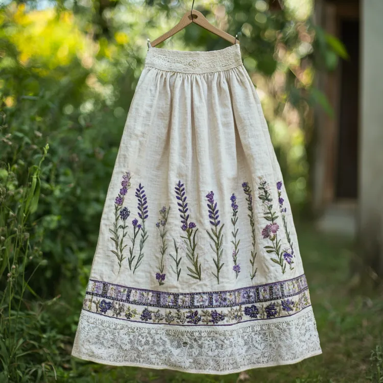 Women's Elegant Lace Flowers Embroidery Art Linen Blend Skirt