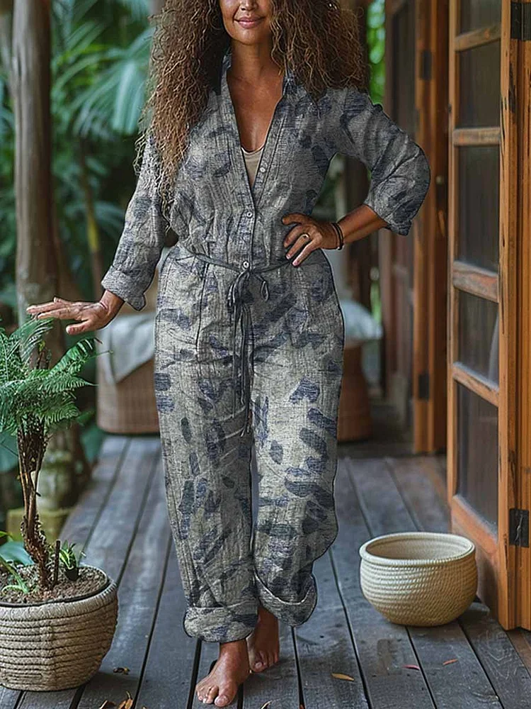 Women Geometric Print Casual Cotton Wide Leg Jumpsuit