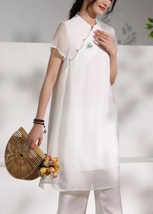 Natural stand collar embroidery quilting clothes Fabrics white Dresses