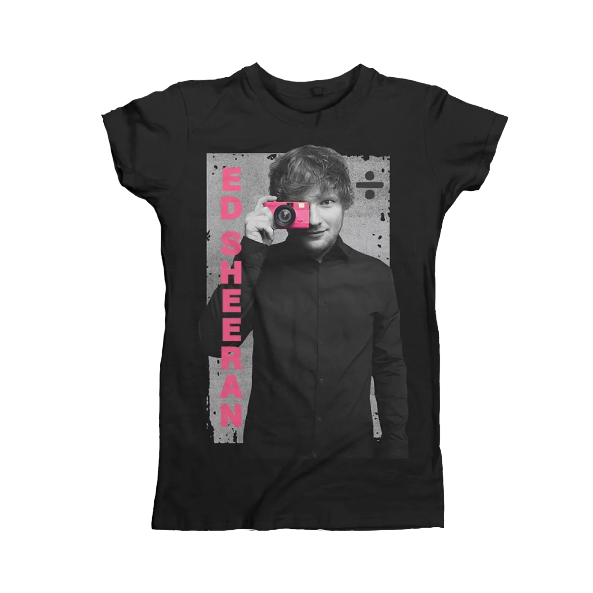 "Ed Sheeran black graphic t-shirt with photo print and camera detail"