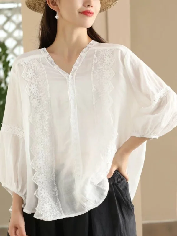 Vintage Spliced Lace Embroidered Ramie Shirt