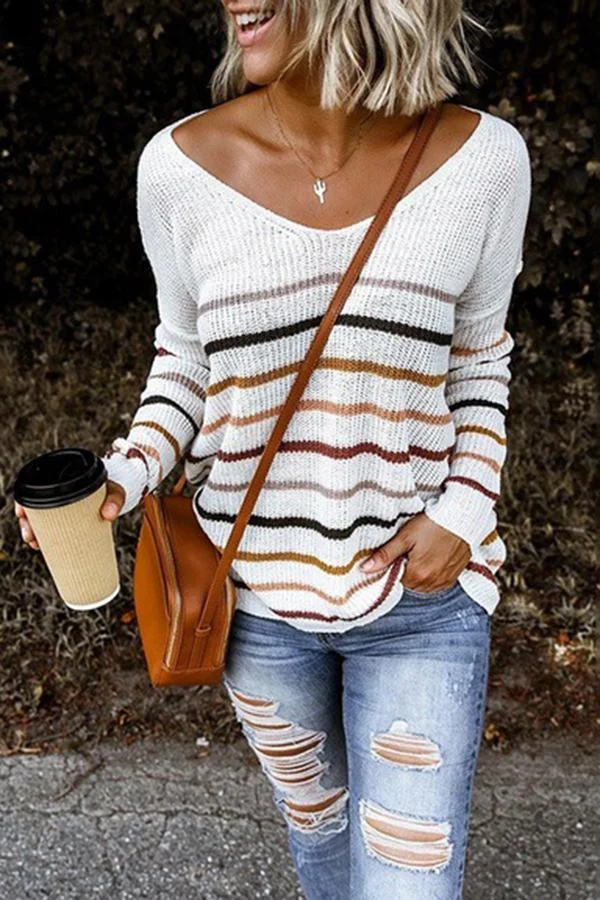 Womens Striped V-neck Knitted Sweater-Allyzone-Allyzone