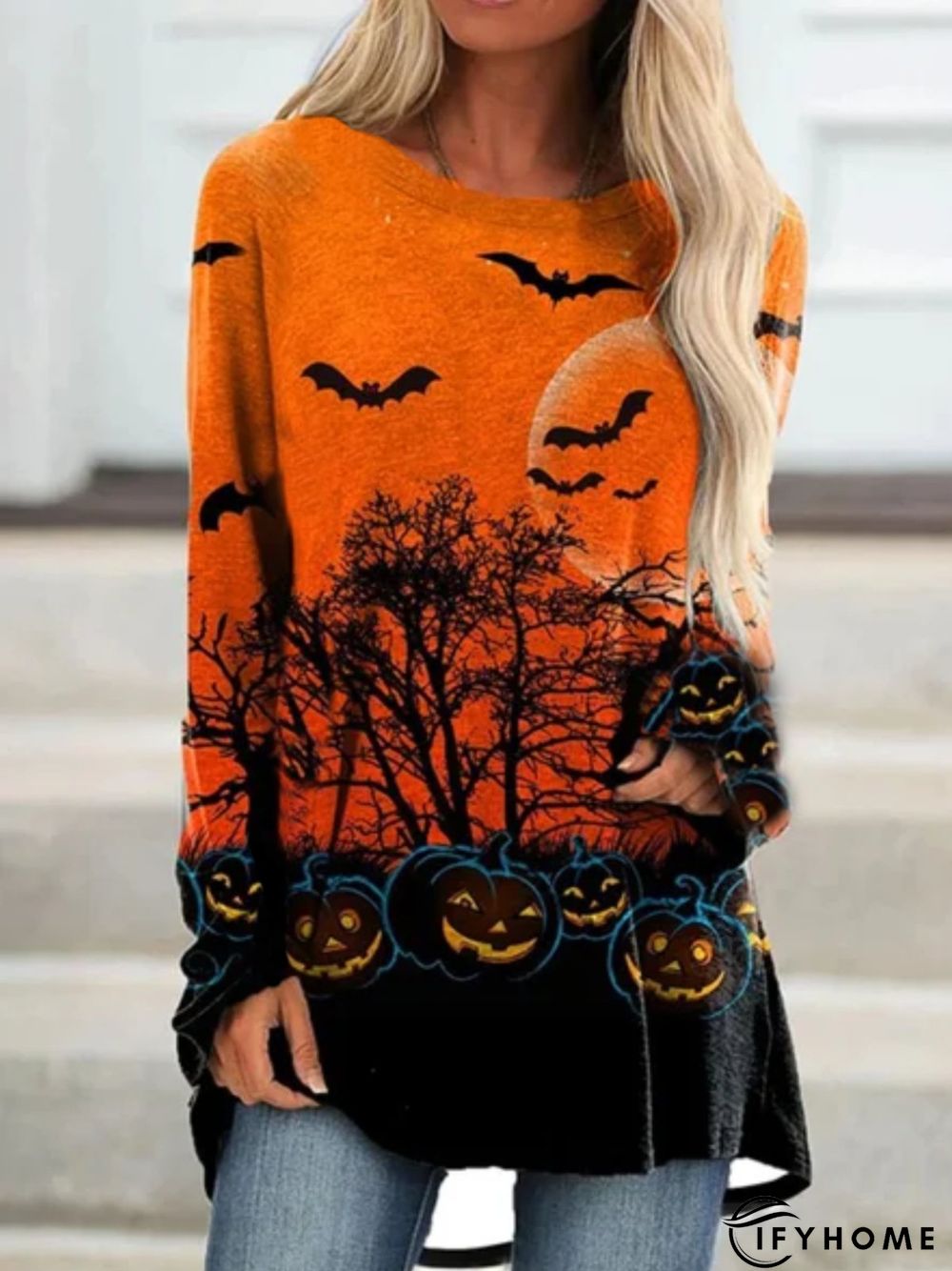 Halloween Casual Long Sleeve Round Neck Printed Top Tunic T-Shirt | IFYHOME