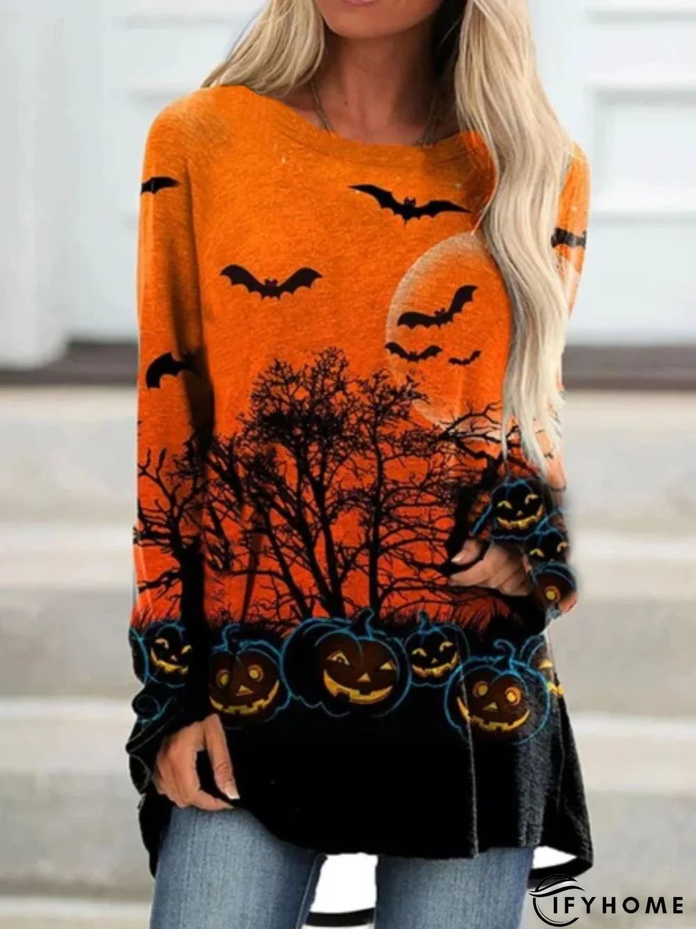 Halloween Casual Long Sleeve Round Neck Printed Top Tunic T-Shirt | IFYHOME