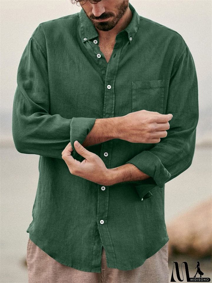 MidiSono - Men's Casual Plain Lapel Button Down Roll Up Sleeve Shirts