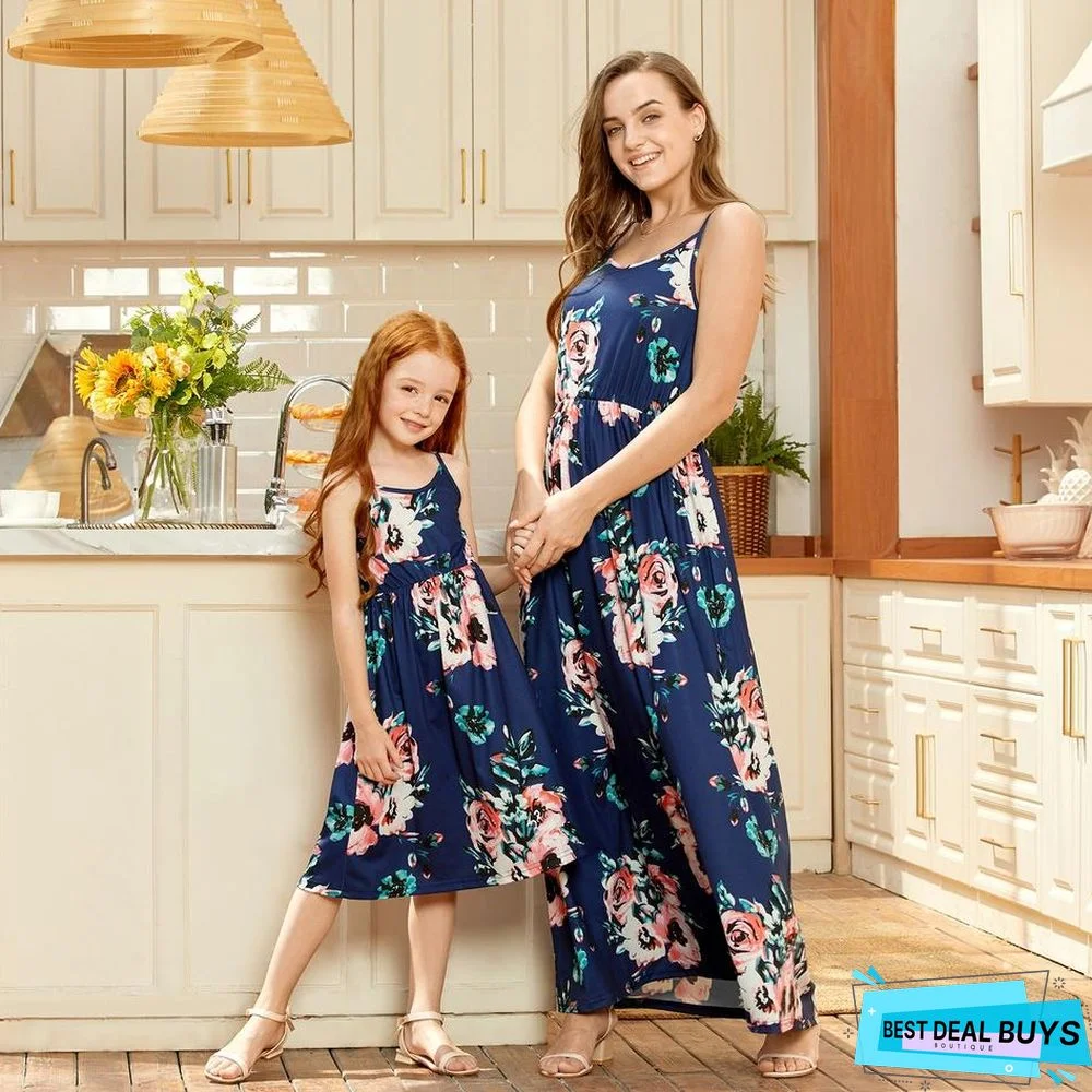 Mommy and Me Floral Dark Blue Casual Tank Matching Dresses