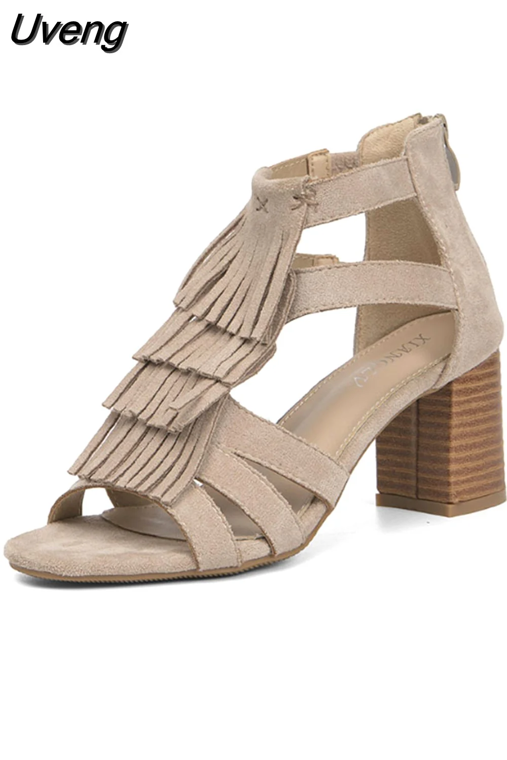 Uveng After The Zipper High With Roman Women's Shoes 2023 Summer Tassel Beach Sandals Boots Solid High Heeled Sandals Female