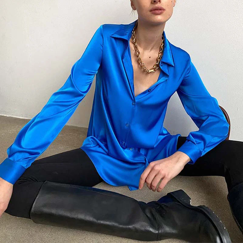 Women's Solid Satin Shirt Elegant Polo Collar Office Lady Shirts 2022 Spring Summer Long Sleeve Top Female Fahsion Casual Shirts