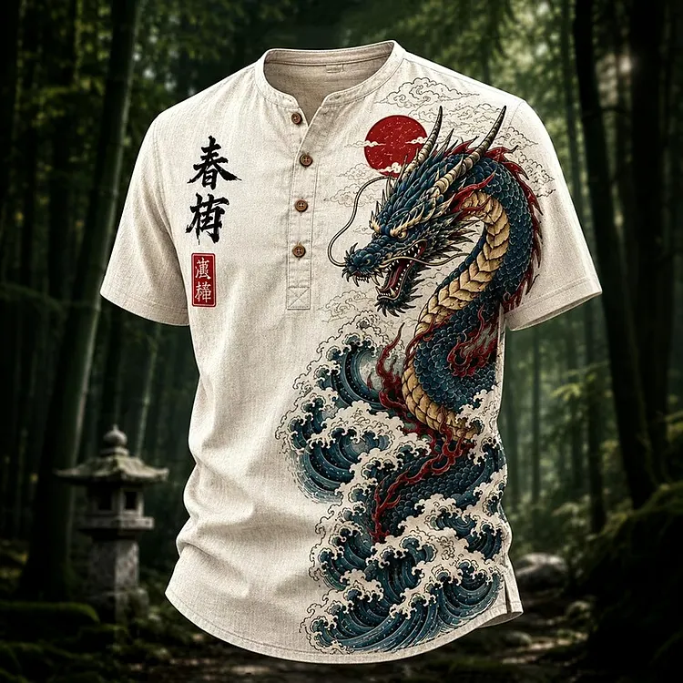 Men's Dragons And Waves Japanese Art Pattern Casual Henley Collar Shirt