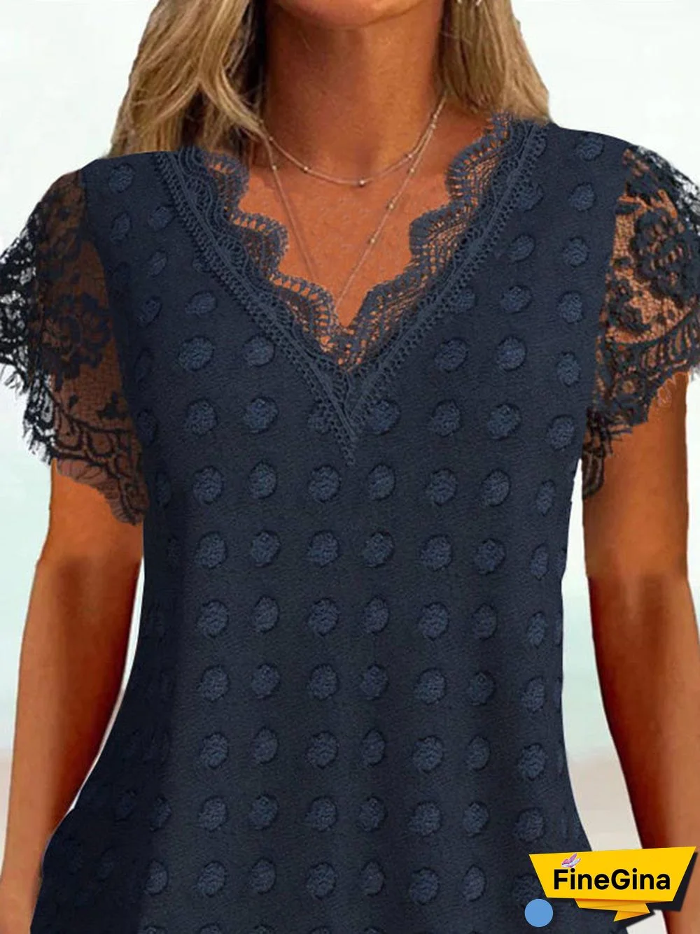 Women Short Sleeve V-neck Graphic Lace Printed Top
