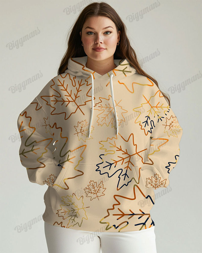 Women's Plus Autumn Maple Leaves Print Long-sleeved Hoodie