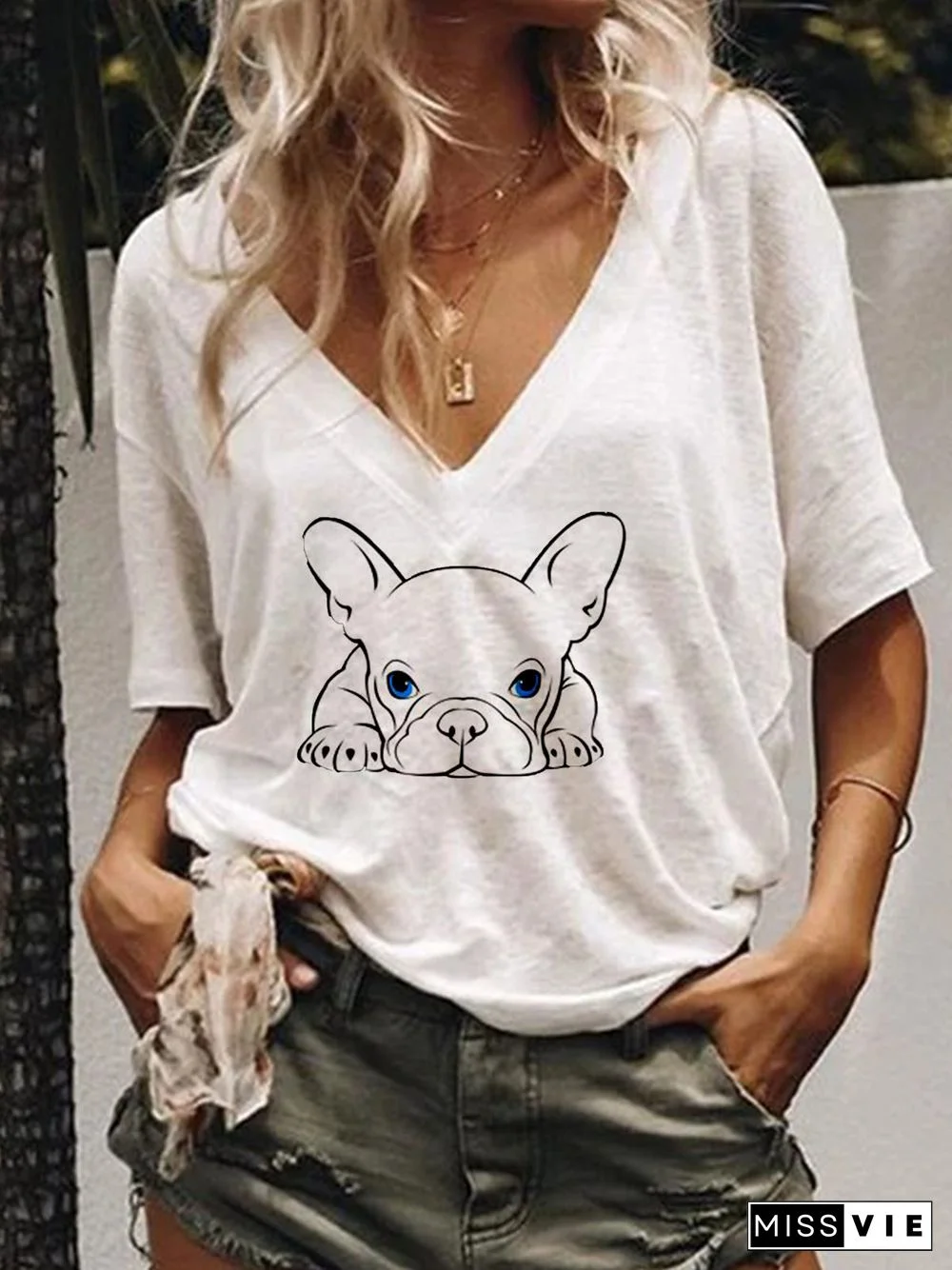 Animal V Neck Short Sleeve Casual T-shirt