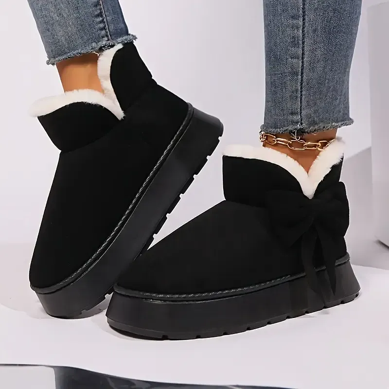 womens casual   calf snow boots warm plush lined round toe flat heel solid color slip on winter boots with eva sole for school and casual occasions details 3