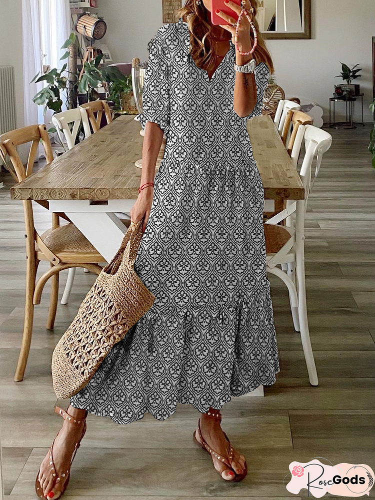 V Neck Short Sleeve Casual Weaving Dress