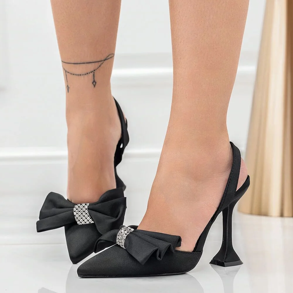 Satin Pumps with Bow Black Pointed Toe Pumps Flared Heels Nicepairs