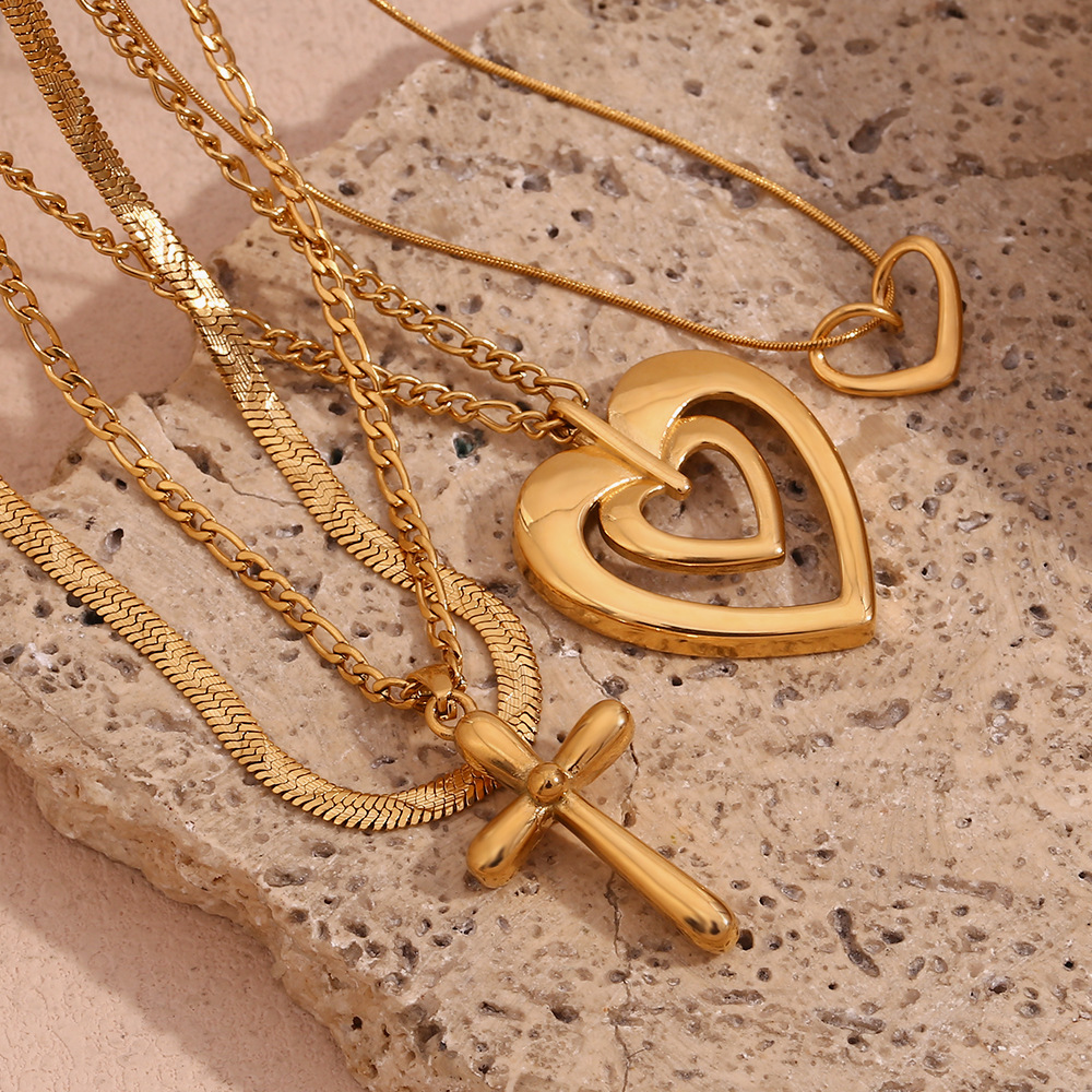 Fashion Heart Cross Geometric Stainless Steel 18K Gold Plated Necklaces2