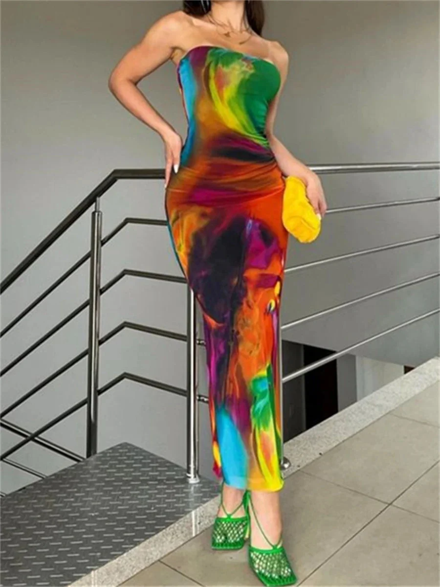 Oocharger Tie-dyed Strapless Bodycon Dress 2024 Summer Beach Party Club Outfit Sleeveless Off-Shoulder Bandeau Wrapped Long Dress