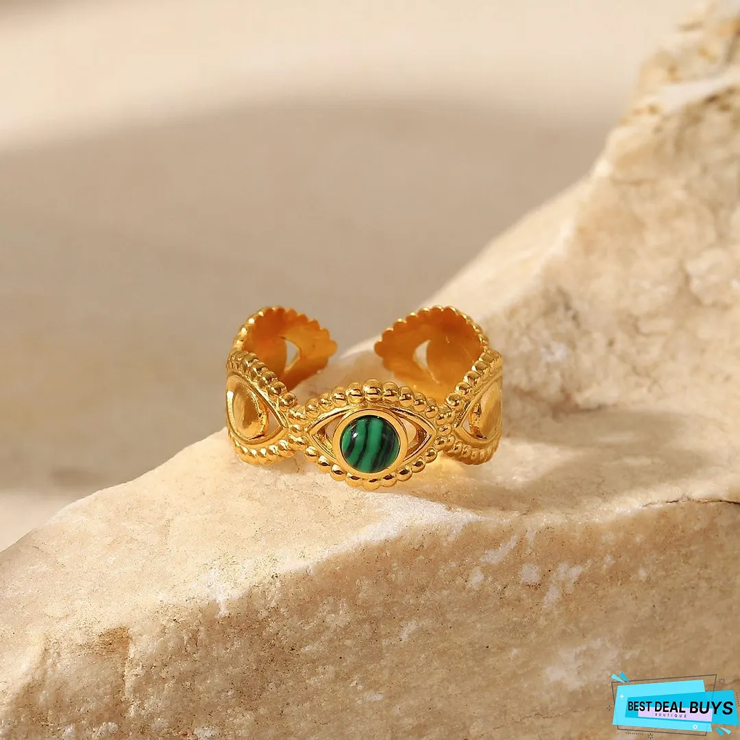 18K Gold Stainless Steel Green Malachite Natural Stone Ring