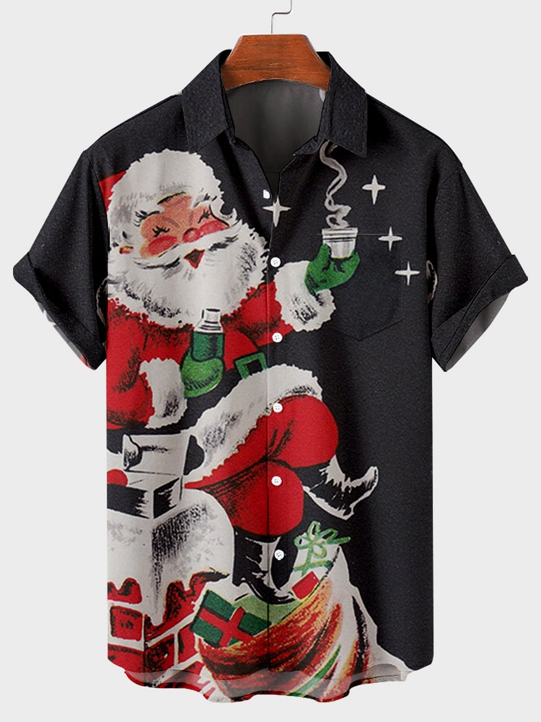 Men Santa Claus  Sitting On Chimney Print Pocket Front Short Sleeves Shirt
