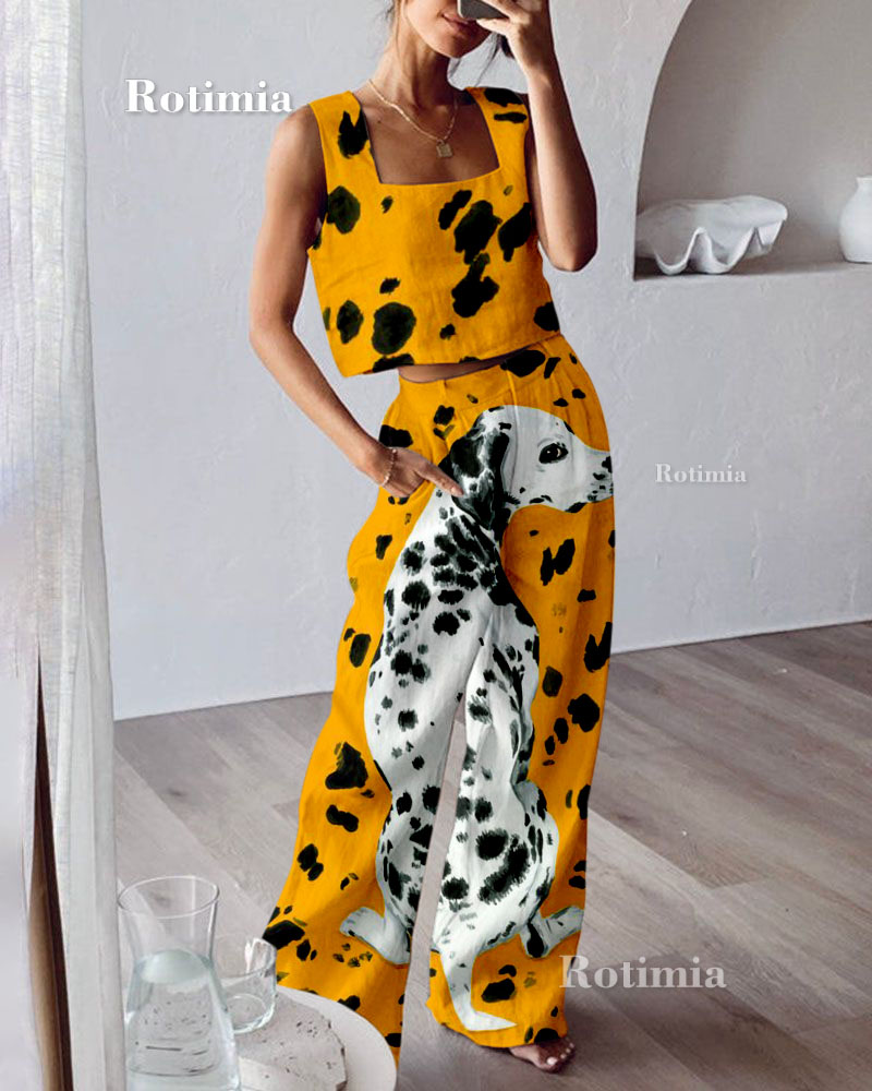Yellow Dog Print Casual Two-Piece Set