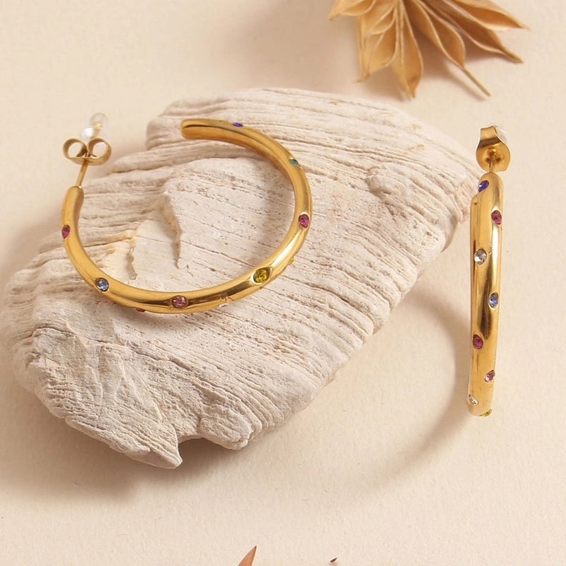 1 Pair Elegant Vacation Minimalist C Shape Star Solid Color Inlay 304 Stainless Steel Zircon 18K Gold Plated Ear Studs