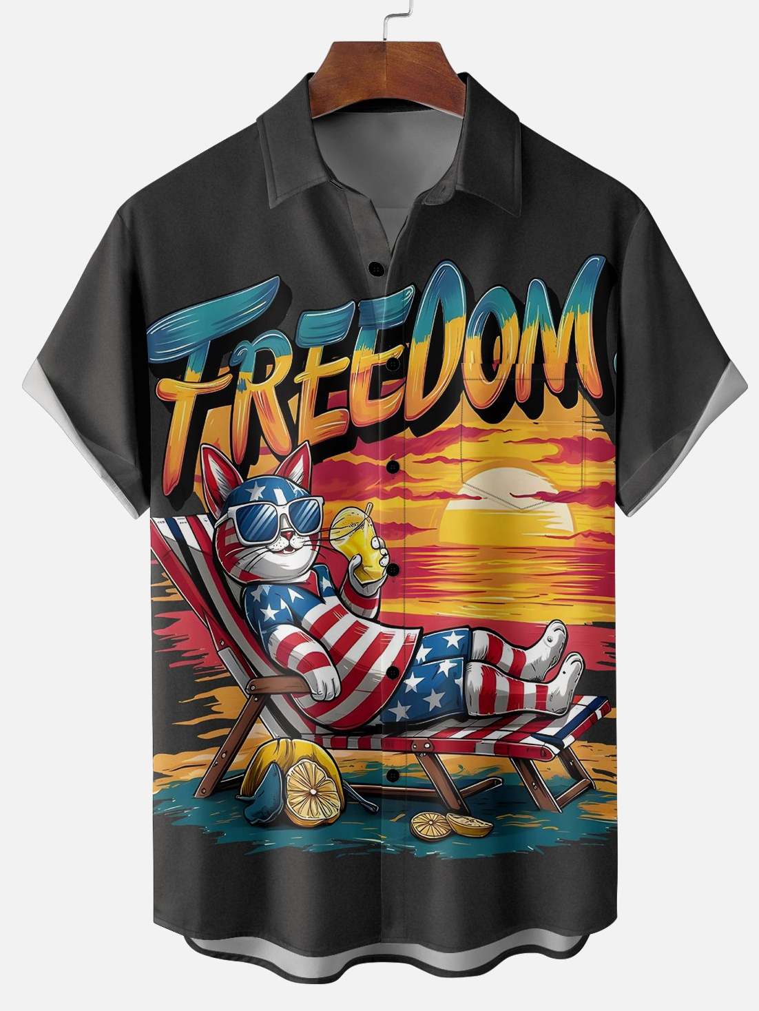 Men's American Flag Cat Sunset Short Sleeve Shirt PLUSCLOTHESMAN