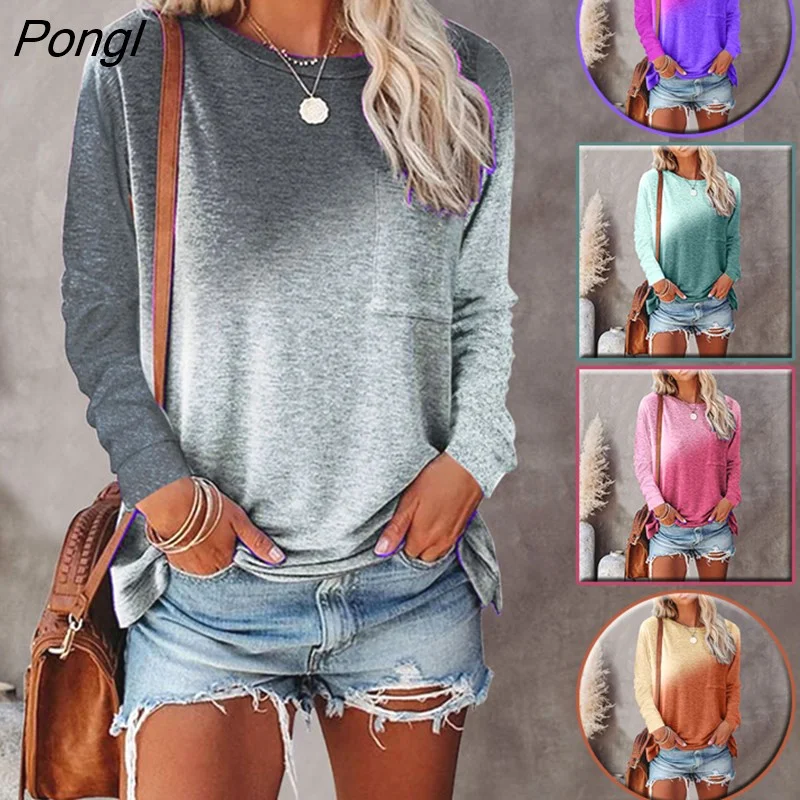 Pongl Patchwork Vintage Pocket Oversized T-shirt Female Clothing Casual Contrast Color Tops Women 2021 Long Sleeve T-shirts
