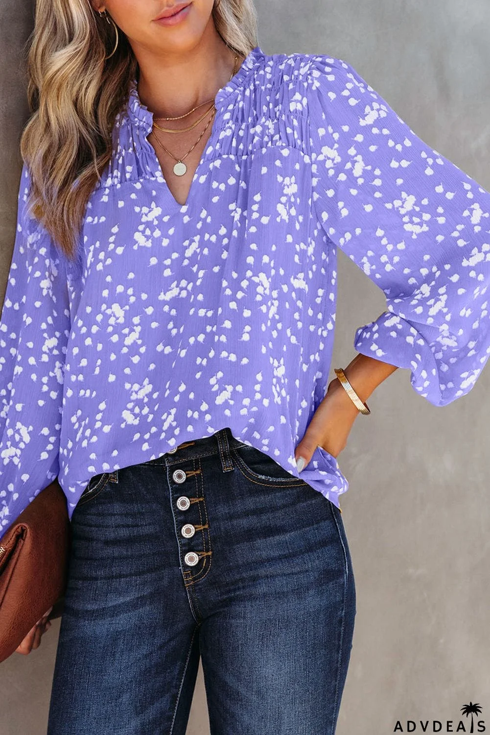 Printed Notched Neck Smocked Blouse