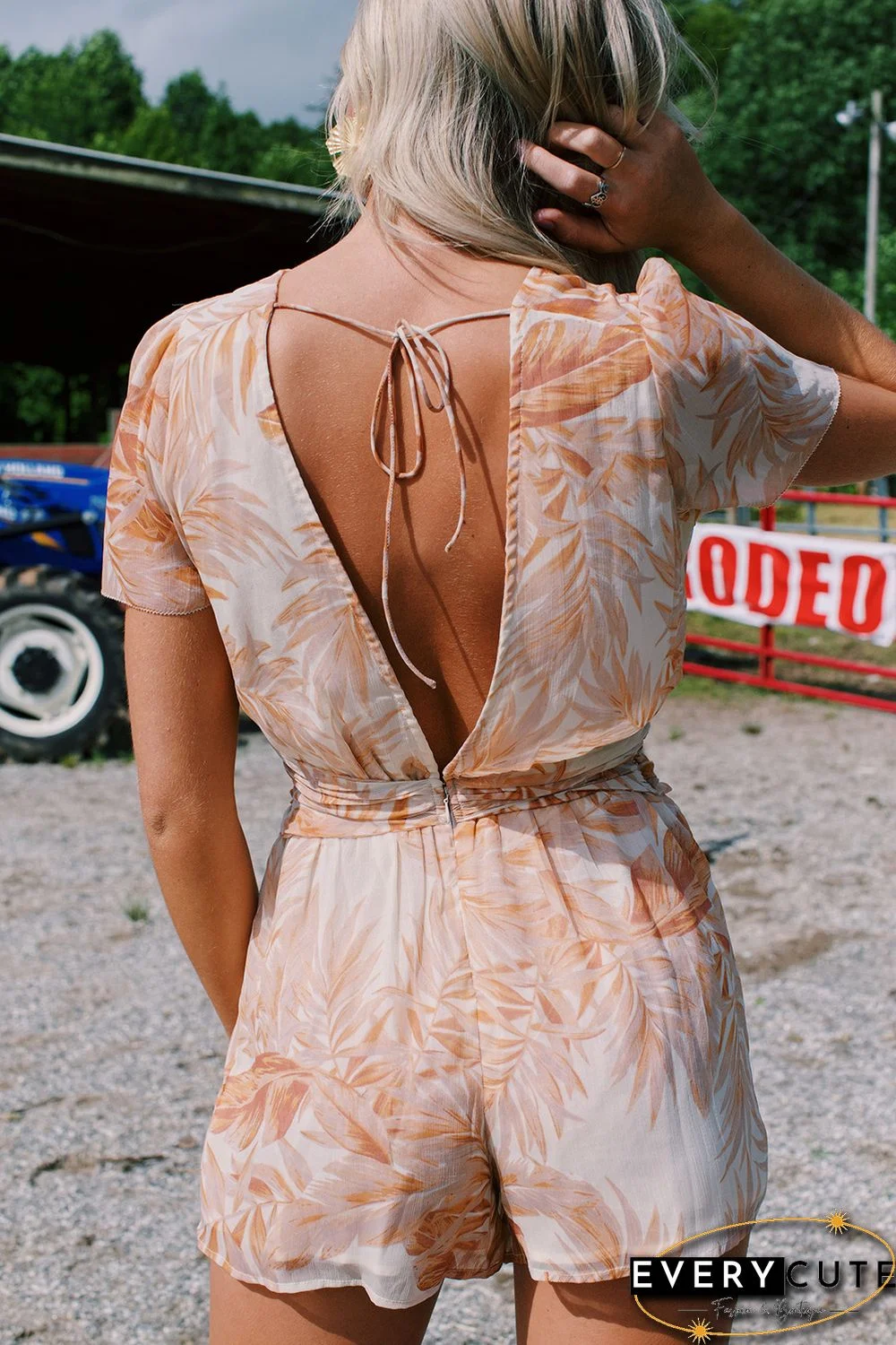 Khaki Tropical Leaf Print Button Belted Chiffon Romper