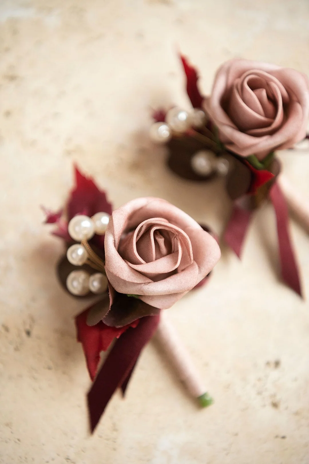 Boutonnieres for Guest in Burgundy & Dusty Rose