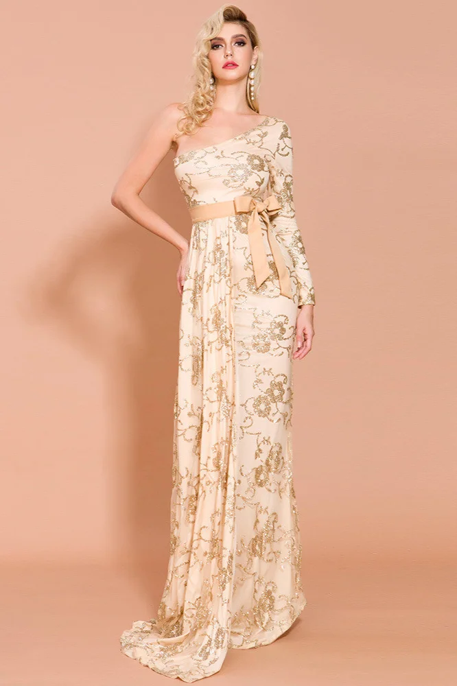 Bellasprom Gold Long Sleeves Sequins Prom Dress Mermaid Long Evening Gowns One Shoulder