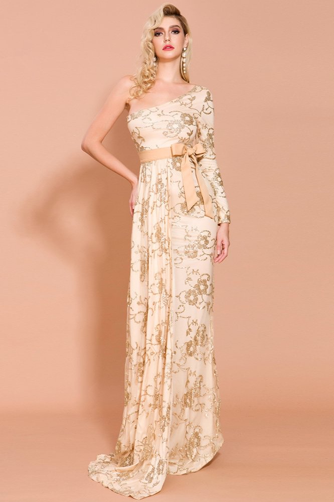 gold long sleeve sequins mermaid prom dress
