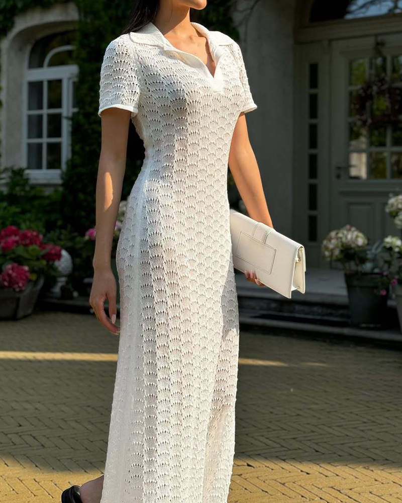 Polo Style Collar Short Sleeve Solid Color Maxi Dress
