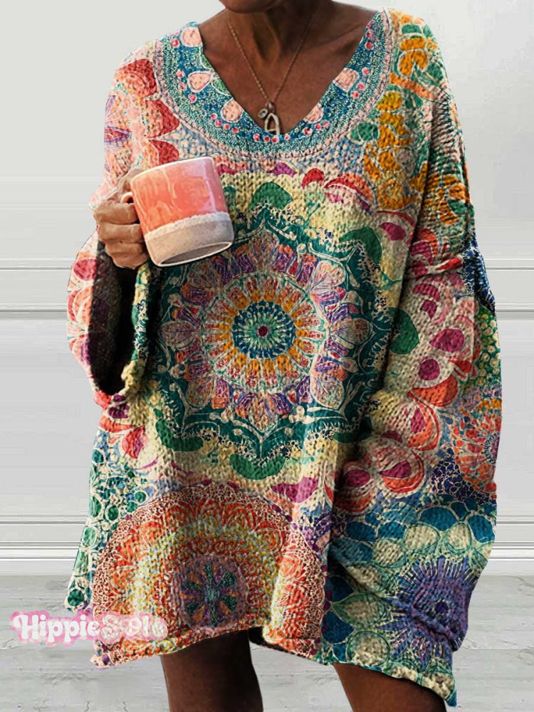 Women’s Retro Ethnic Totem Pattern Art Print Casual Pullover Sweater Multicolor / M